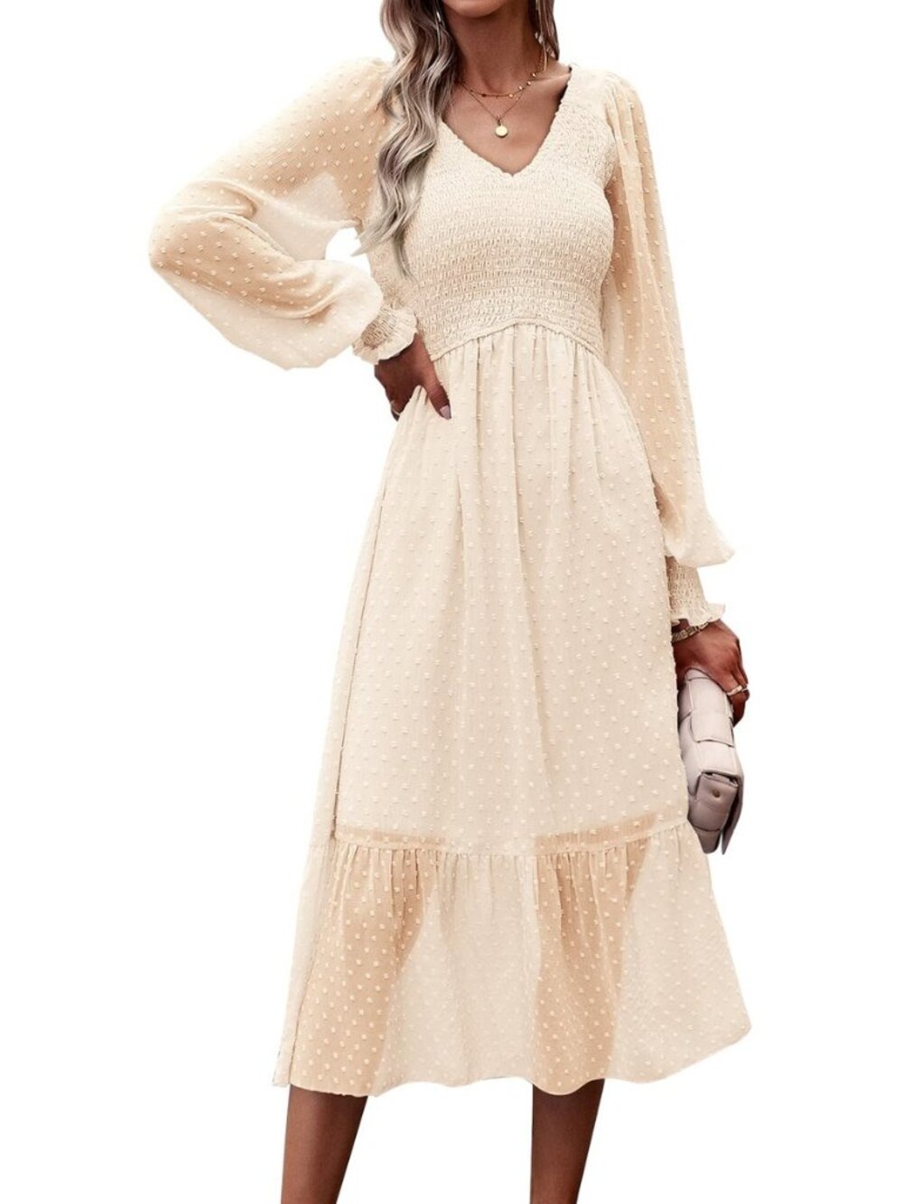 Women's Fall Dresses Long Sleeve V Neck Swiss Dot Empire Waist Chiffon Dress